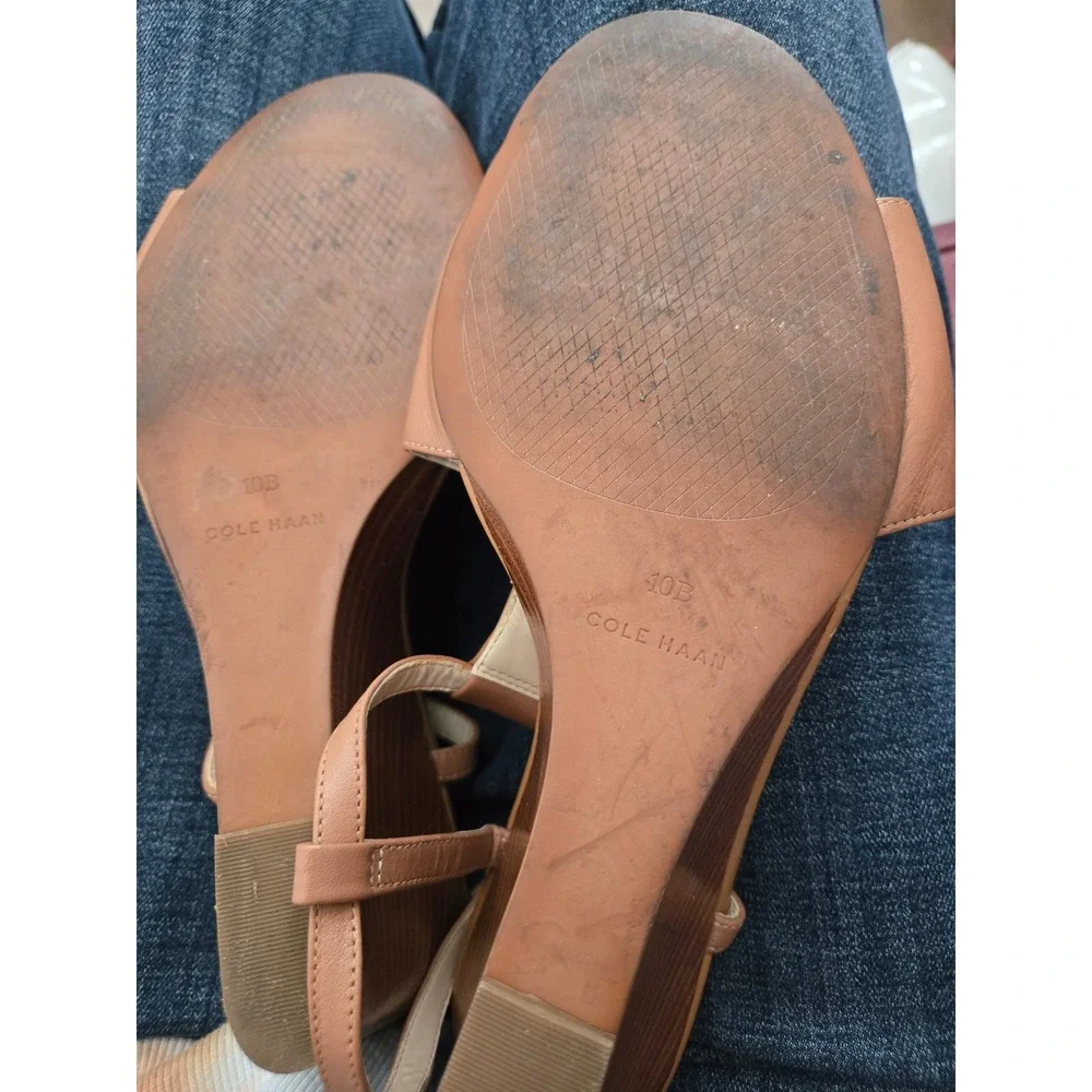 Cole Haan Tan Leather Wedge Sandals‎ Peep Toe T-Strap W14236 Womens 10B